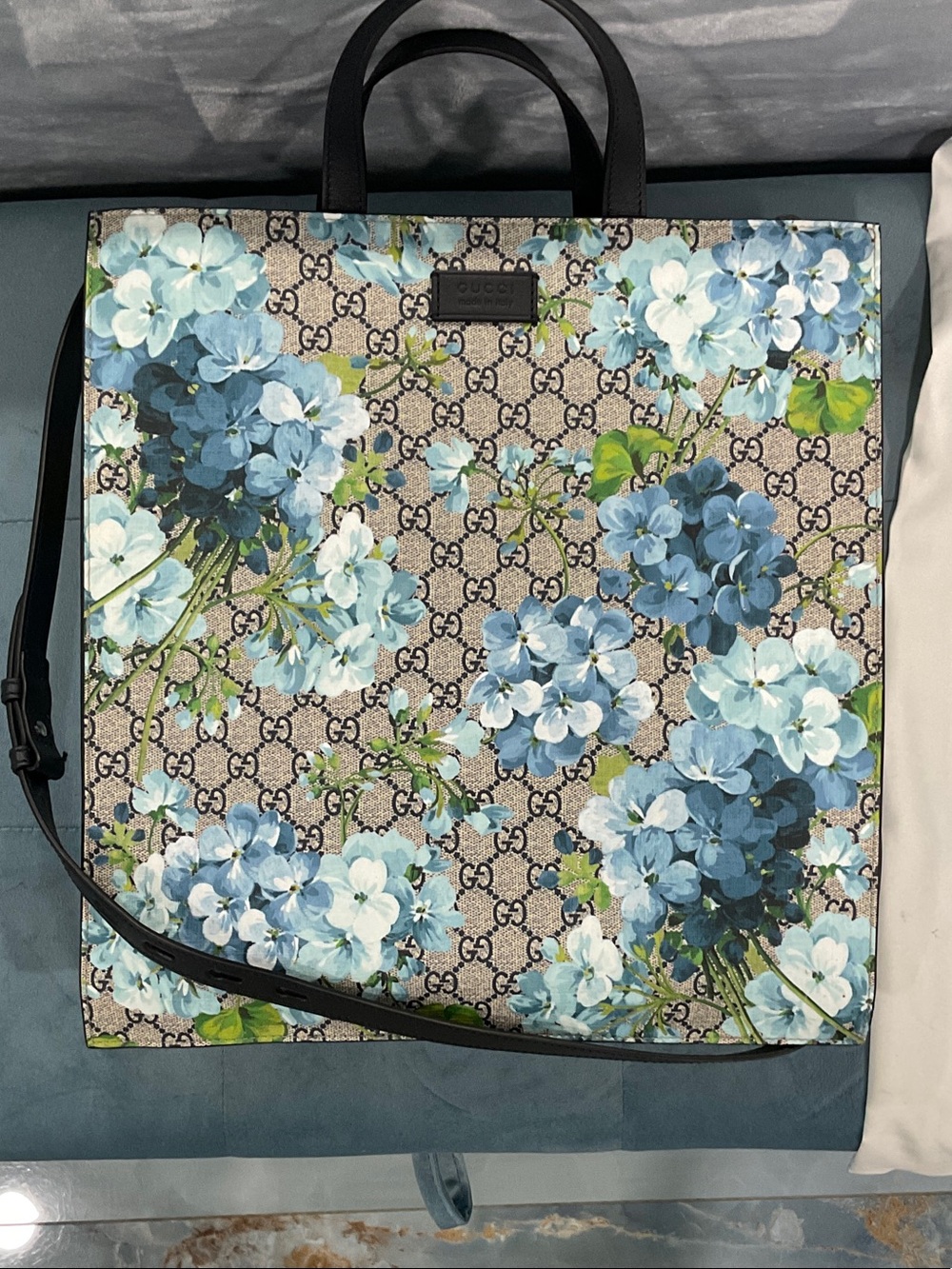 Gucci Blue Floral GG Supreme Canvas Tote with Black Leather Trim